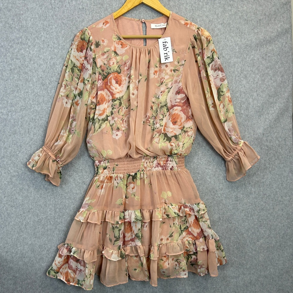 Mustard Seed Mini Dress Peach Floral Smocked Ruffle Cottagecore Size Small NWT